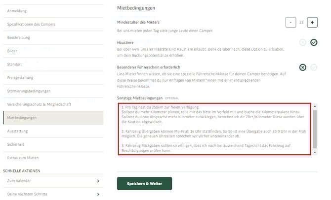 sonstige Mietbedingungen 