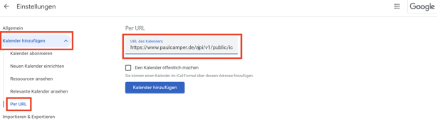 Klik op "Kalender toevoegen" > "Via URL". Plak de URL die je in stap 3 hebt gekopieerd in het daarvoor bestemde veld en klik op "Kalender toevoegen"