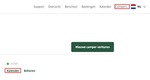 1. Log in op je PaulCamper-account en klik op "Campers" en vervolgens op "Kalender" achter de campernaam.
